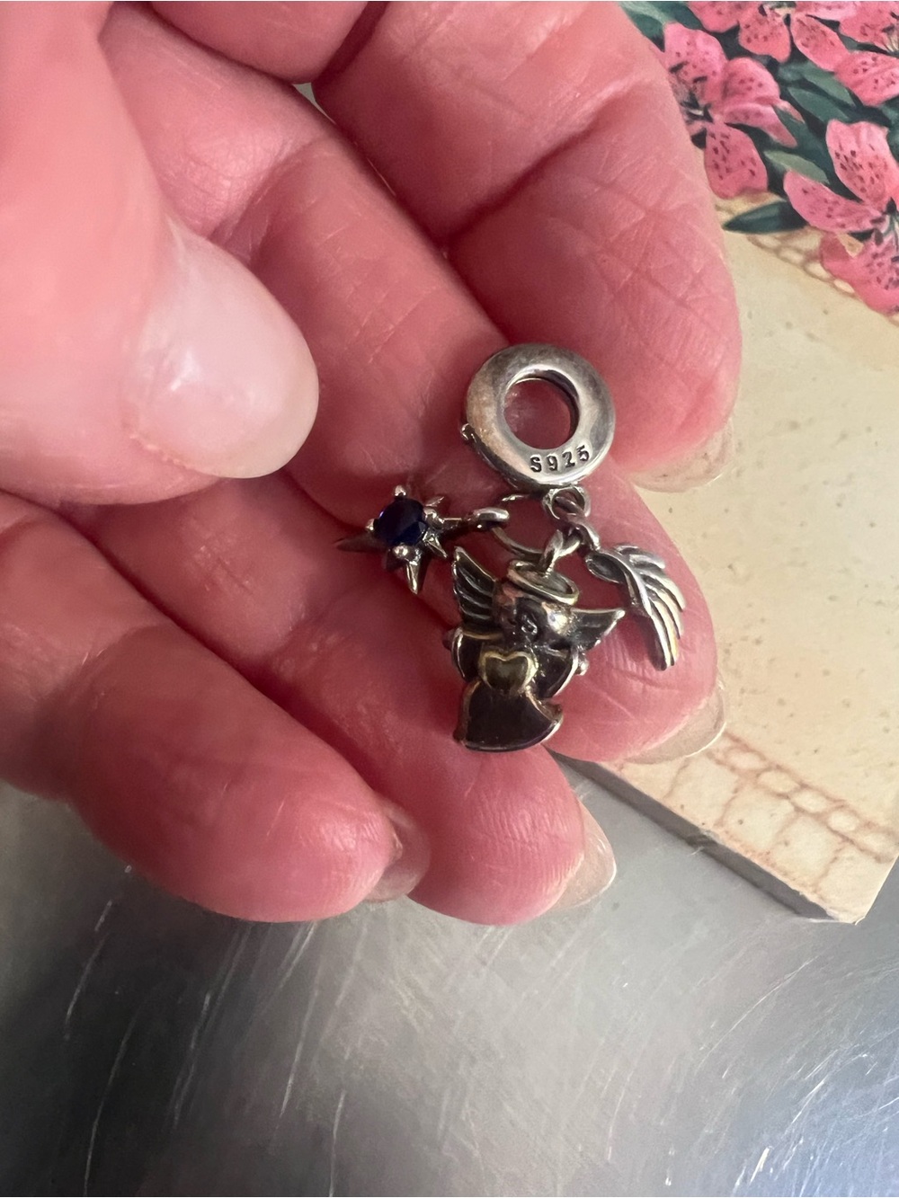 Sterling Silver Angel Charm with Blue Crystal Accent